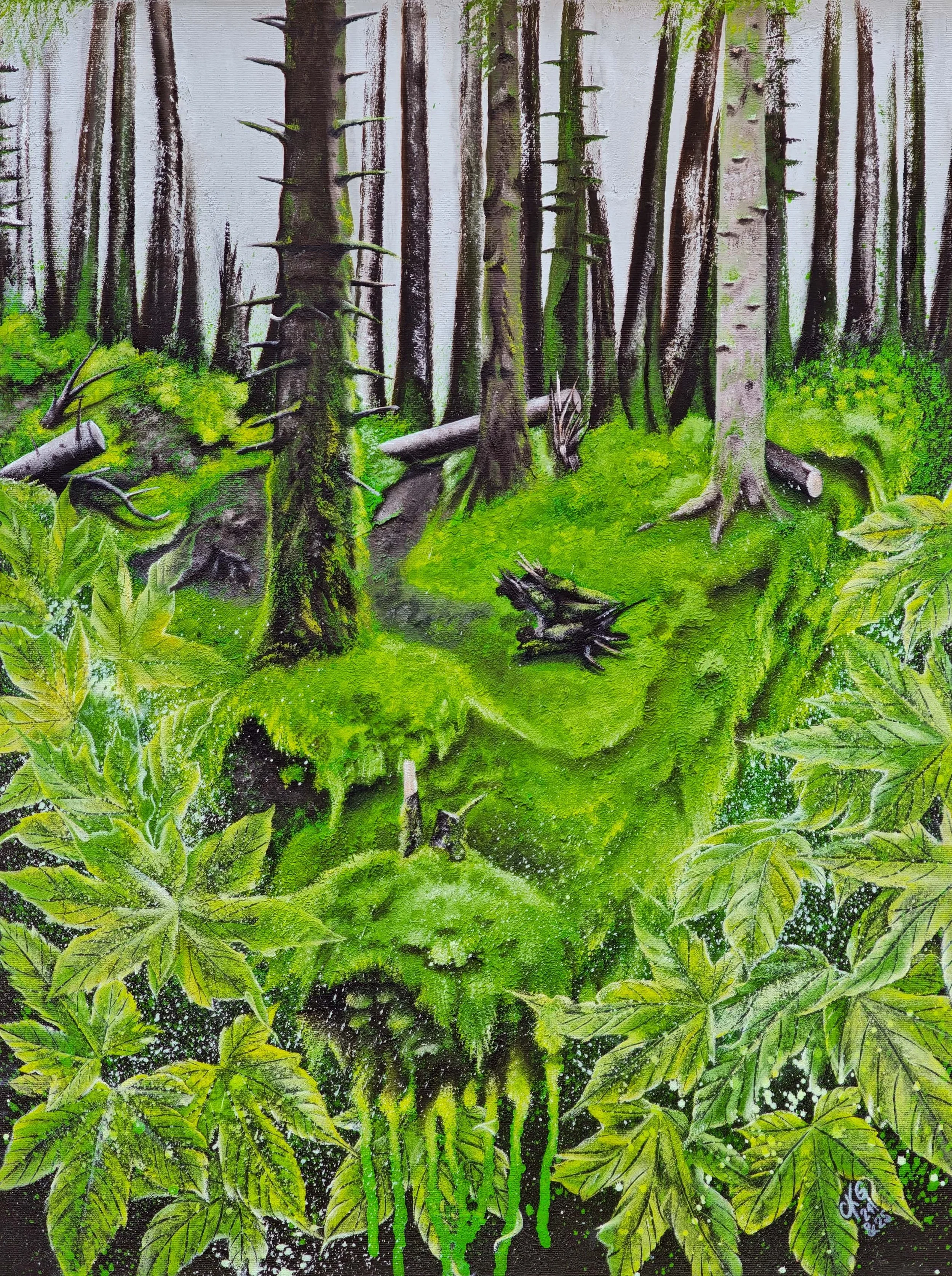 Gemälde eines grünen Waldes mit Moose, Bäumen und Pflanzen, im Vordergrund große grüne Blätter.