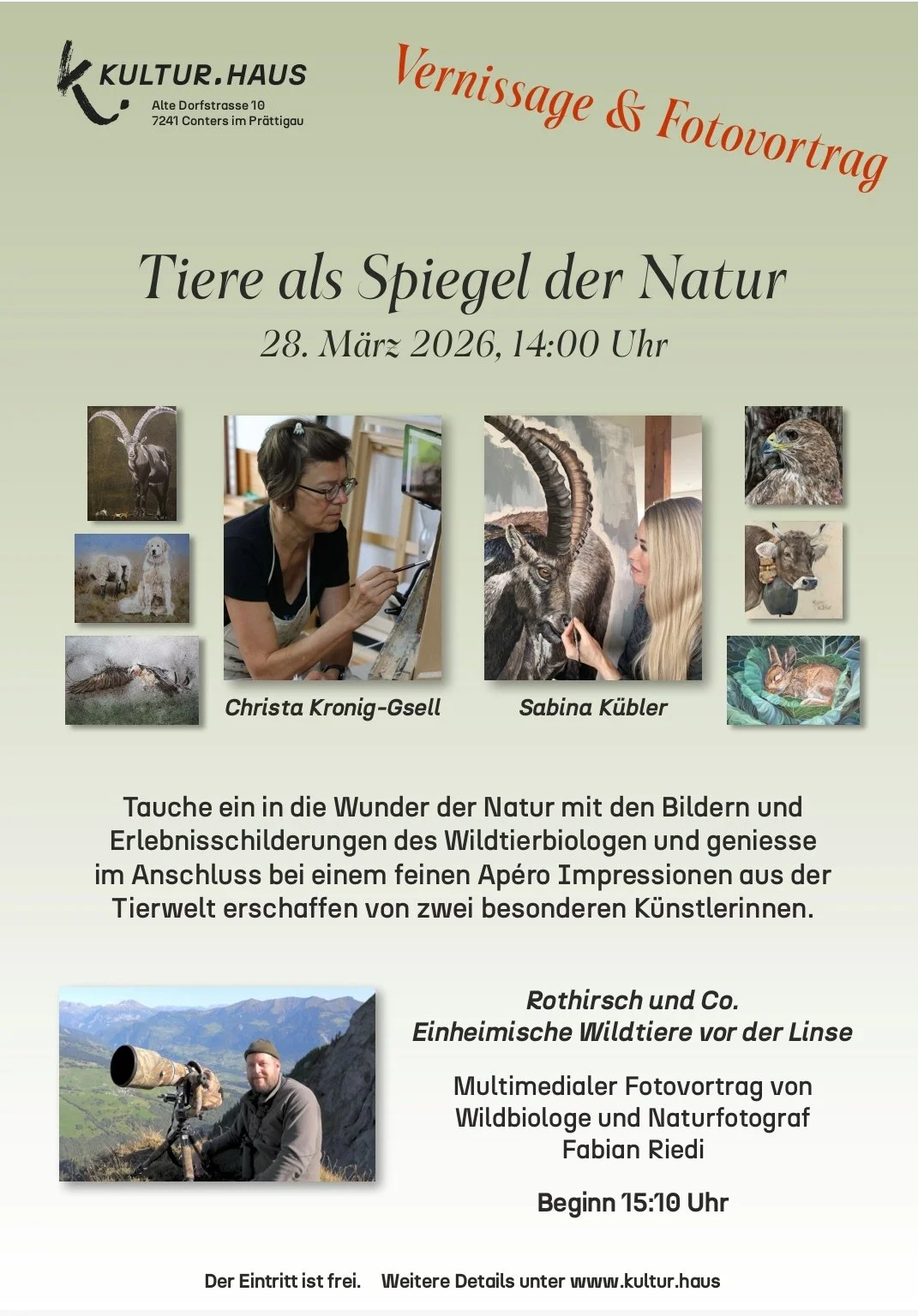 "Tiere als Spiegel der Natur" Einladung zur Vernissage im Kultur.Haus Conters am 28.3.2026 ab 14:00 h