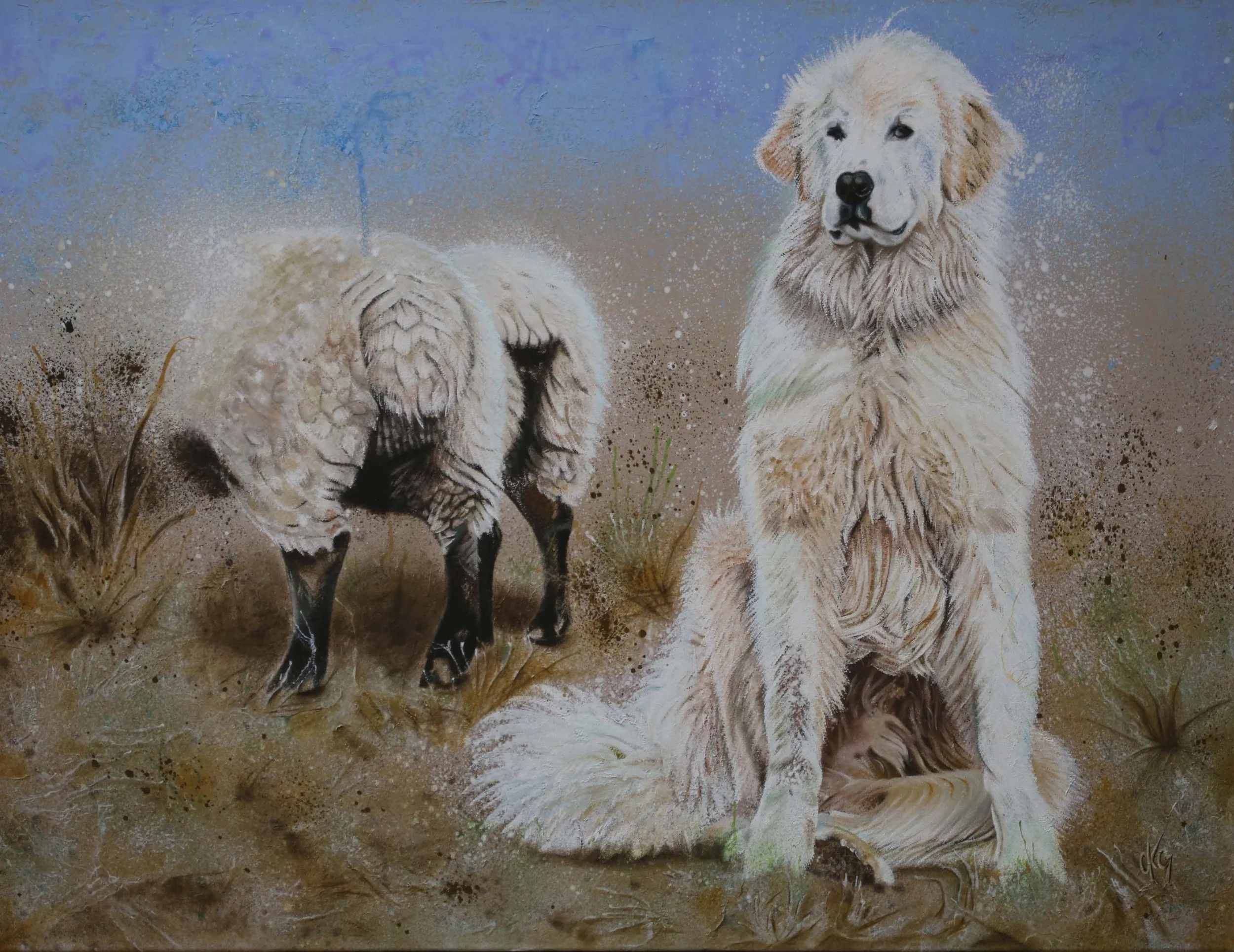 Weisser Herdenschutzhund mit Schafen die er beschützt