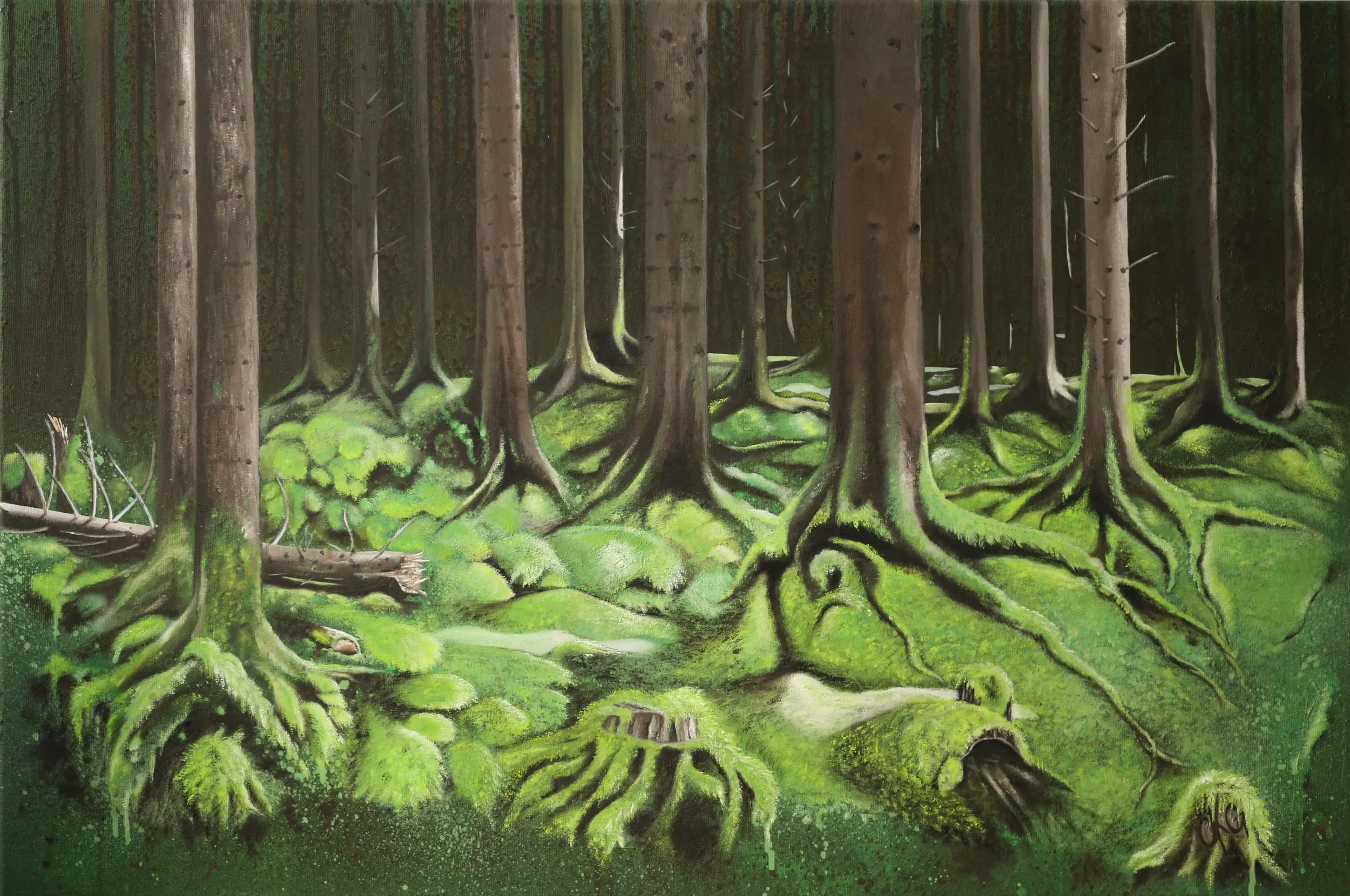 Illustration eines Waldes mit großen, alten Bäumen und moosbedecktem Boden, aufgenommen während des Tages.