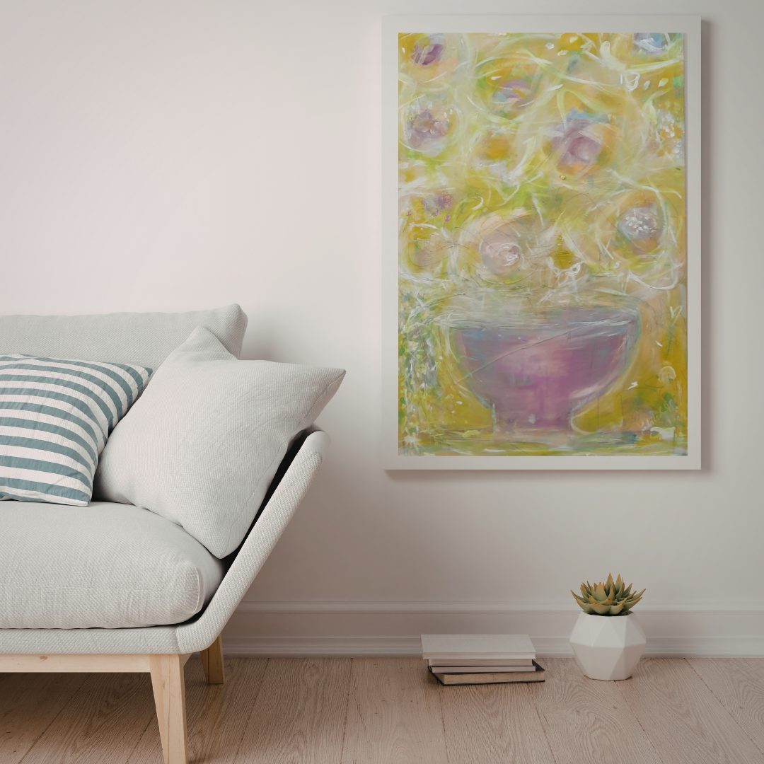 Abstrakte Blumen und Gärtenbilder. Poetische Malerei auf Papier und Leinwand.