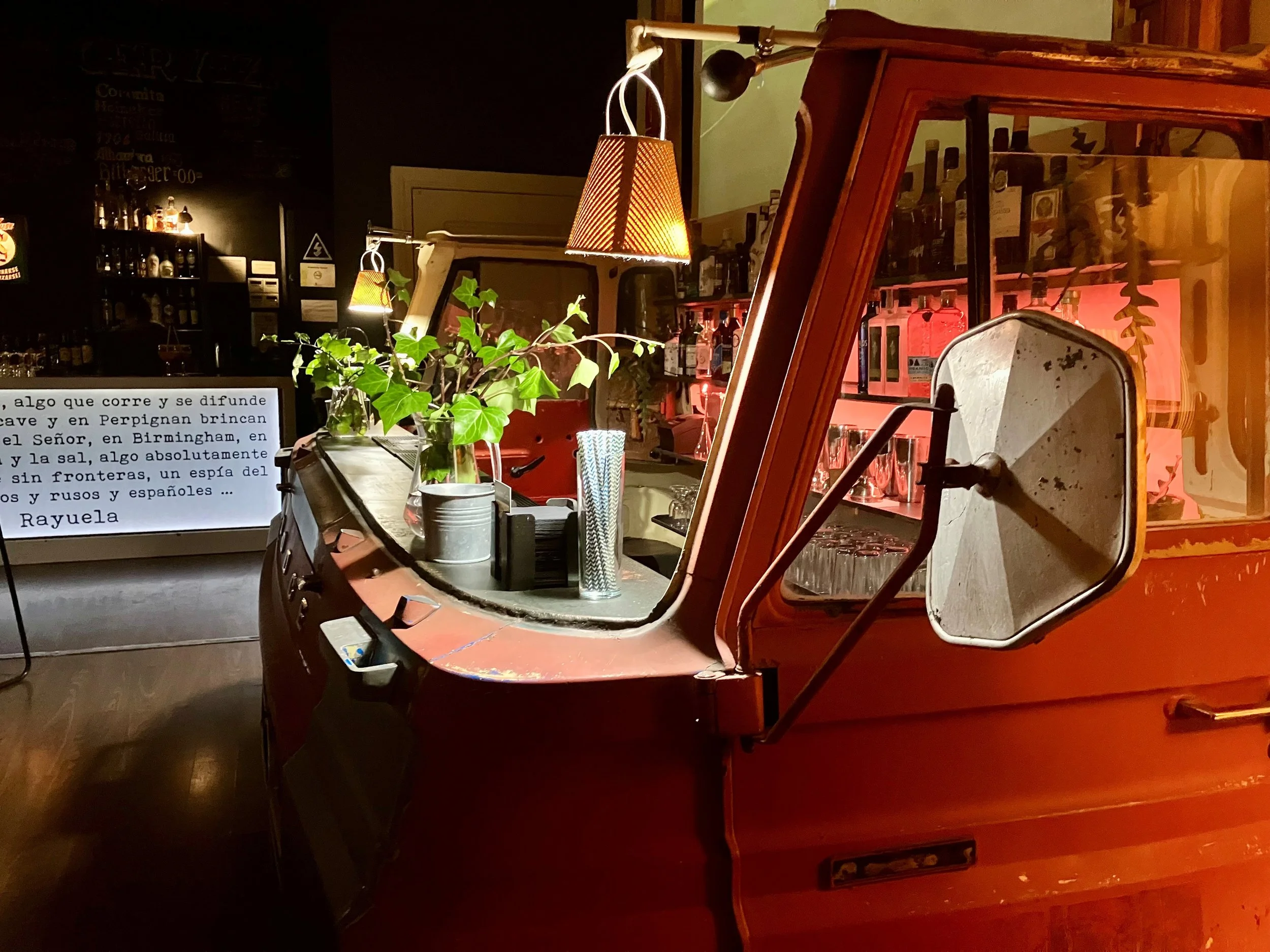 Bar de madera con luz cálida, plantas verdes y estantería con botellas.