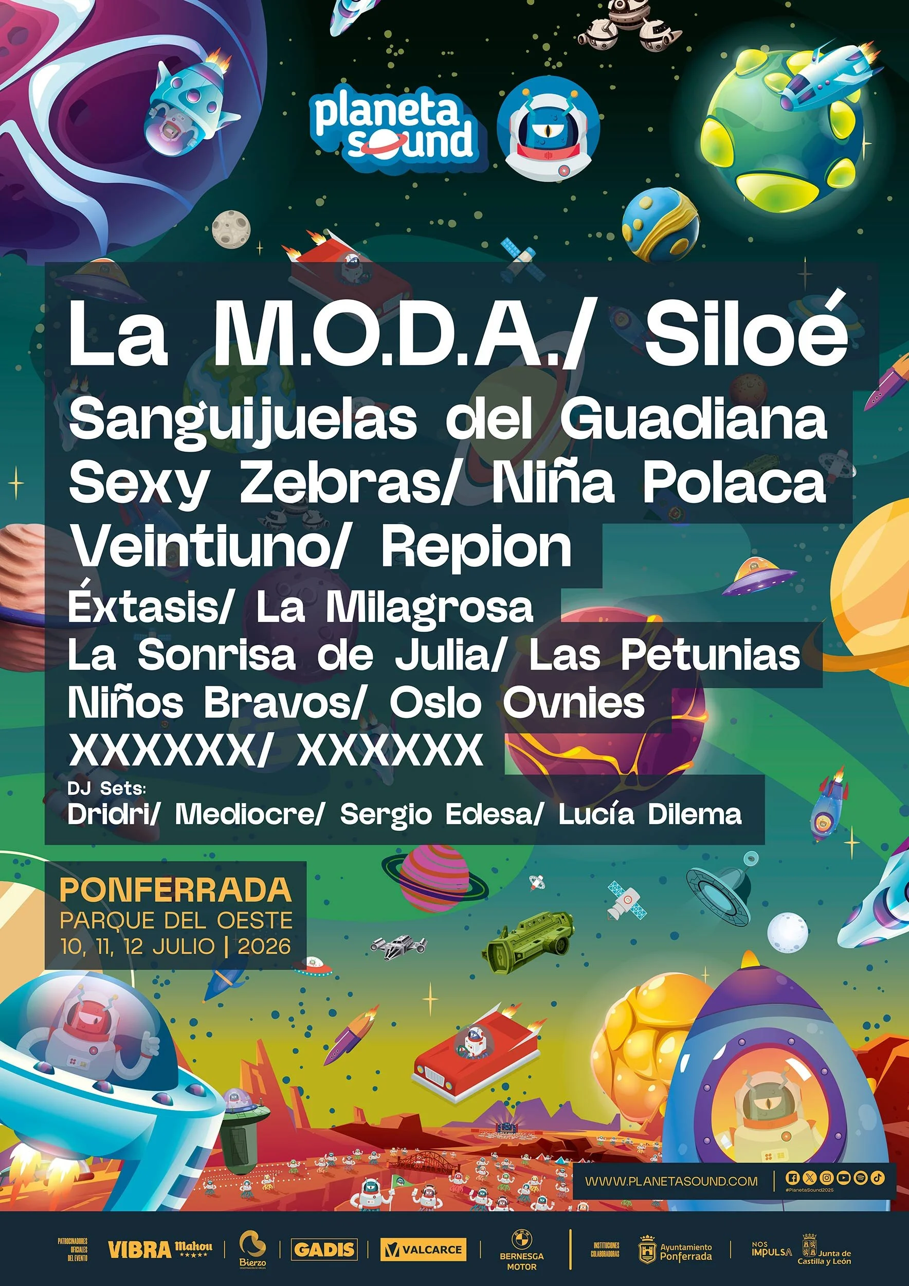 Cartel del evento en Ponferrada, del 10 al 12 de julio de 2026, con ilustraciones de planetas, naves espaciales y personajes en un entorno espacial.