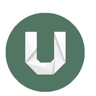Un logotipo circular con fondo verde oscuro y la letra 'U' blanca en el centro, con un diseño geométrico y angular.