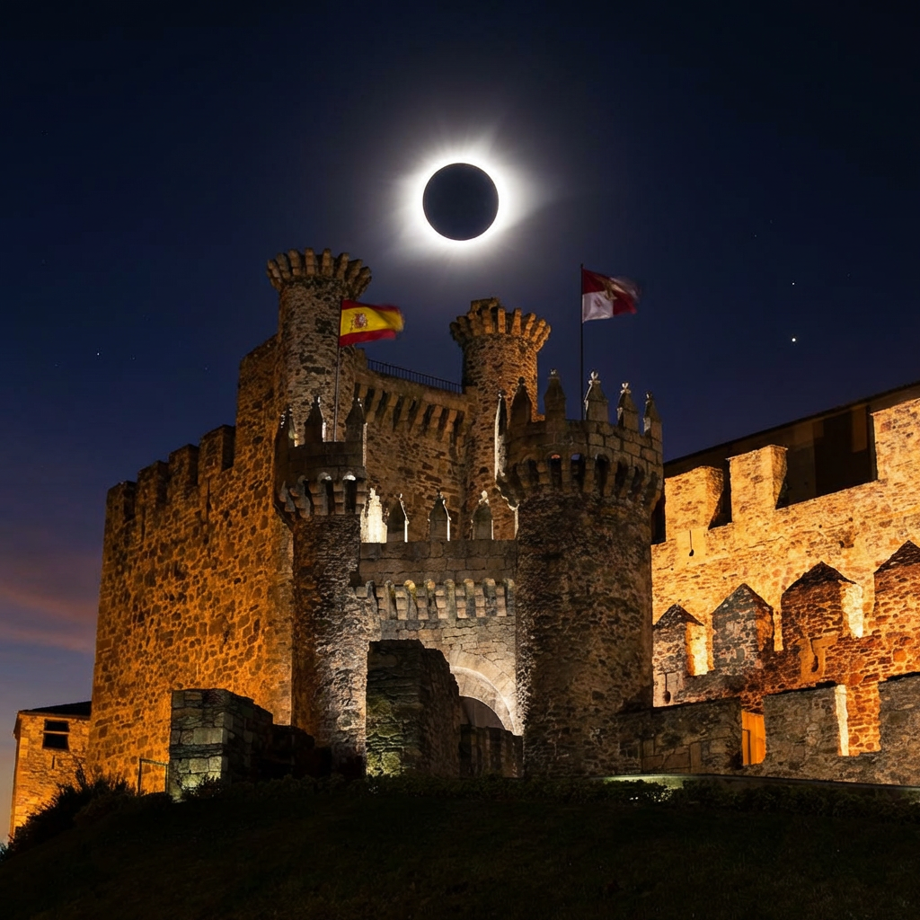 Castillo antiguo de piedra en una noche con eclipse solar y banderas, iluminado con luces cálidas.