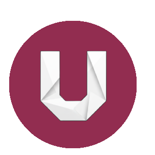 Logo circular con fondo color burdeos y una letra 'U' en el centro