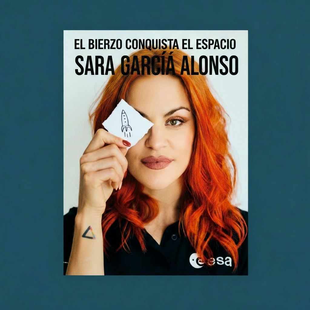 Mujer con cabello rizado y rojo sosteniendo un papel con un dibujo de un cohete, con texto en la parte superior que dice "El Bierzo conquista el espacio" y en el centro que dice "Sara García Alonso".