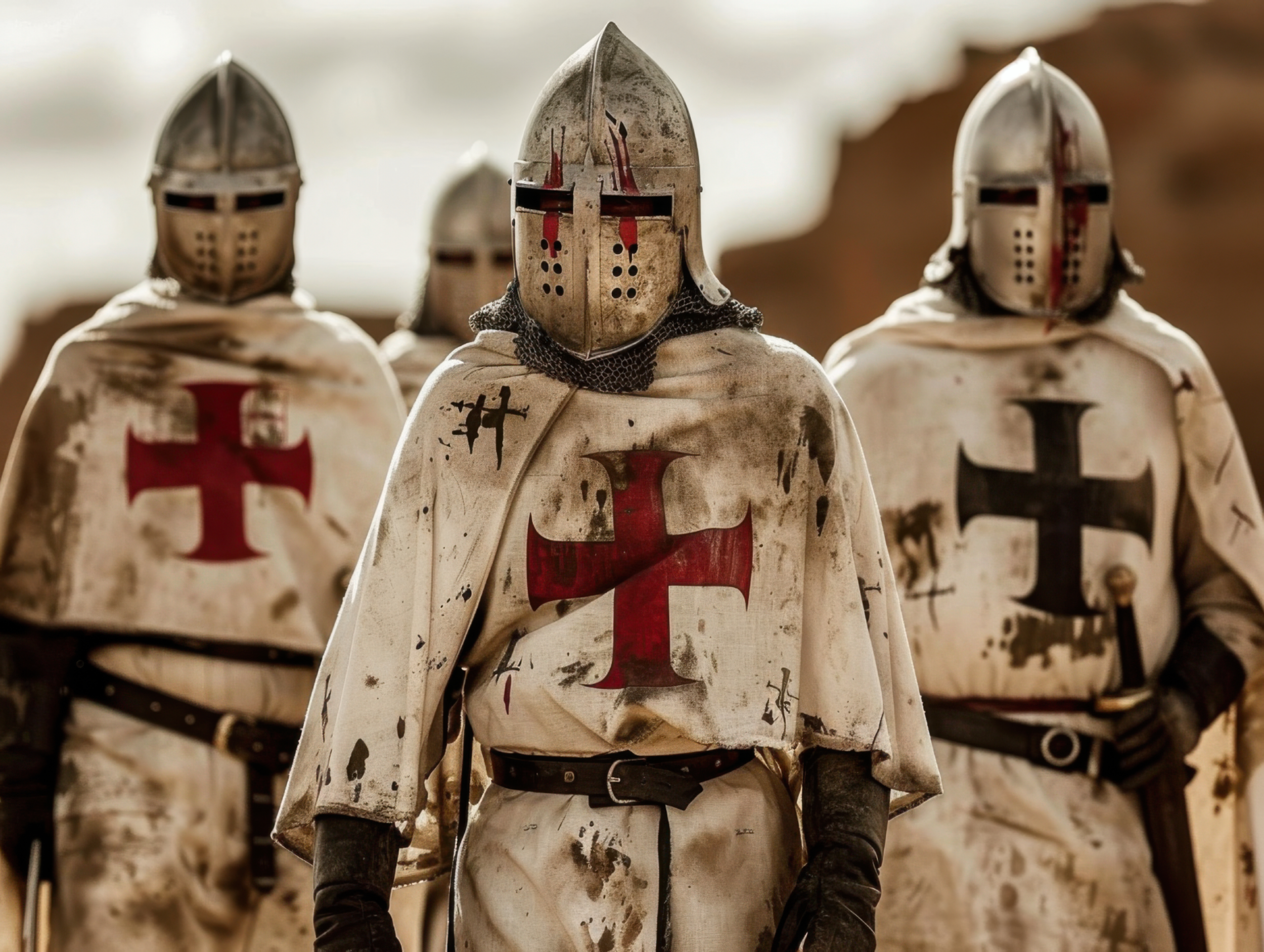 Hombres usando armaduras medievales con cascos y capas blancas con cruces rojas, en lo que parece ser una escena de batalla o recreación histórica.