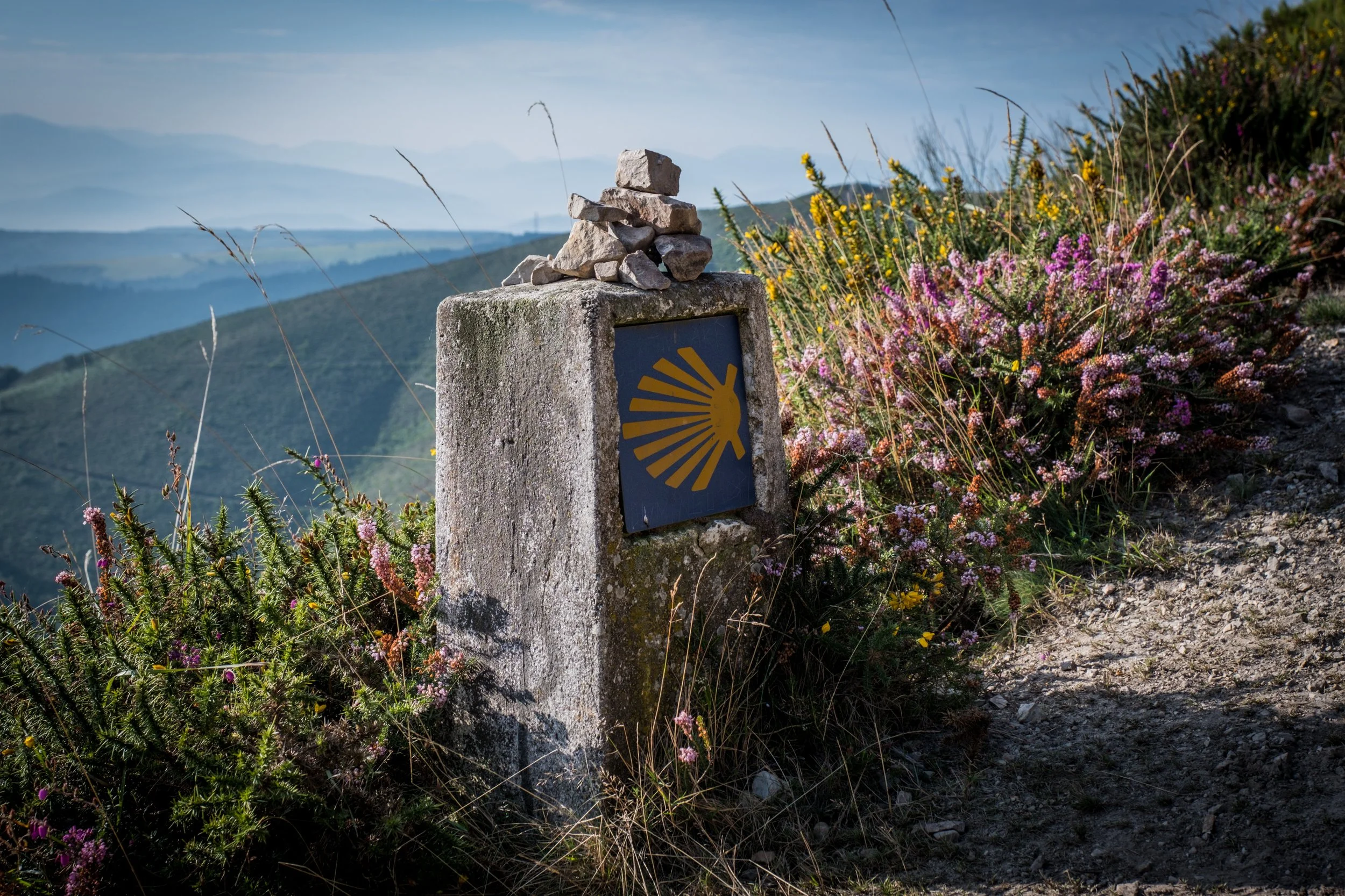 Megalito con una pila de piedras sobre un poste de señal de senderismo en un paisaje montañoso con flores y vegetación.