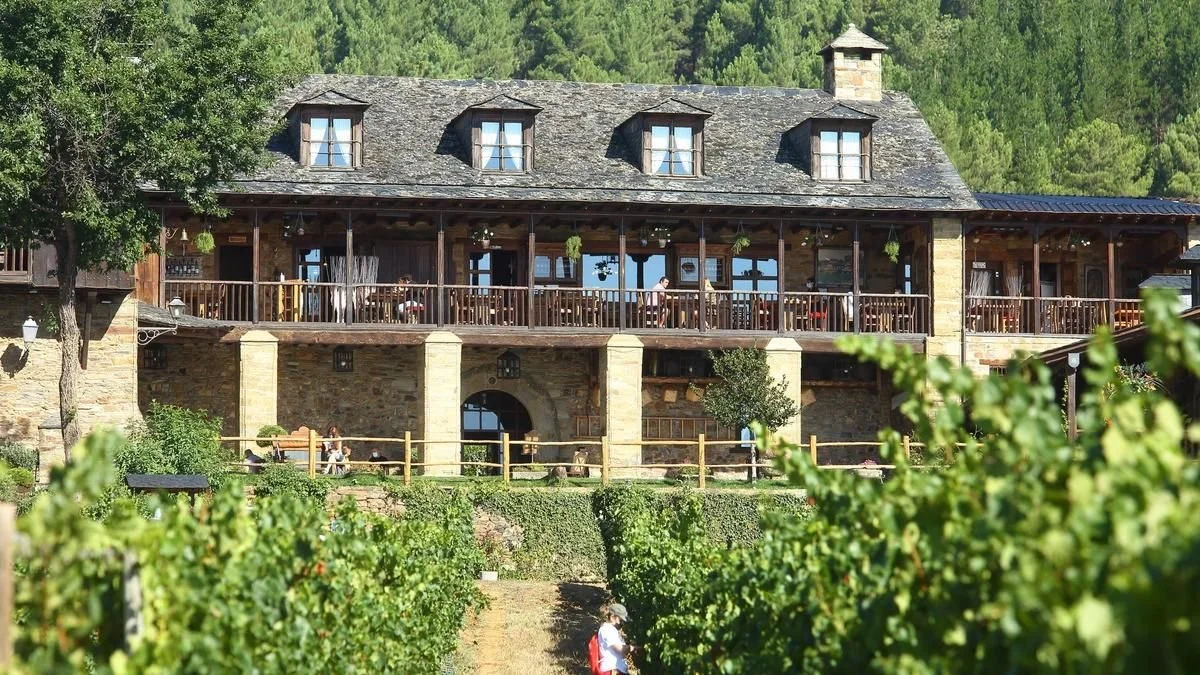 Casa de piedra con tejado de pizarra y ventanas en el techo, balcón con barandilla de madera, rodeada de viñedos y árboles, en un entorno montañoso.