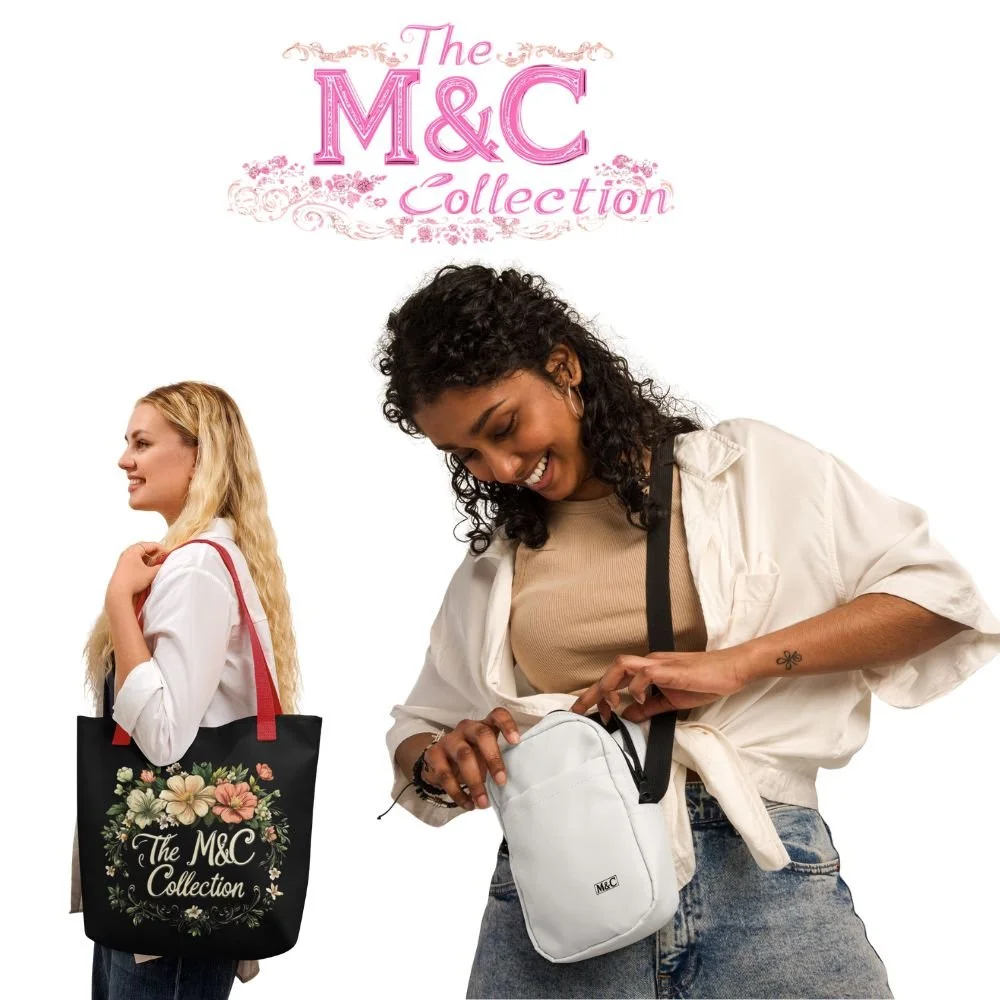 Two women, one with light skin and blonde hair holding a black tote bag with floral design and the words "The M&C Collection," and the other with darker skin and curly hair opening a white small bag labeled "M&C" against a white background with pink text saying "The M&C Collection."