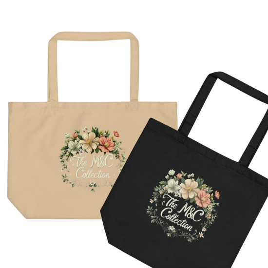 Two tote bags, one beige and one black, both featuring floral designs and the text 'The M&C Collection' on the front.