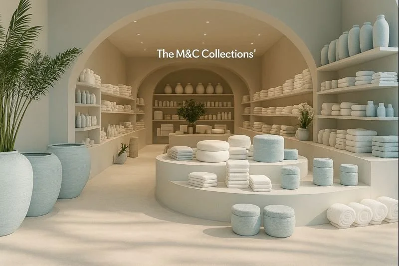 Inside a minimalist home decor store named 'The M&C Collections,' featuring white towels, vases, and ceramics displayed on shelves and rounded platforms, with a large potted plant on the left.