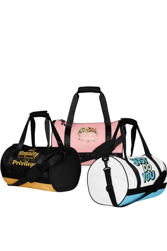 Three gym duffle bags with different designs and colors, set against a white background.