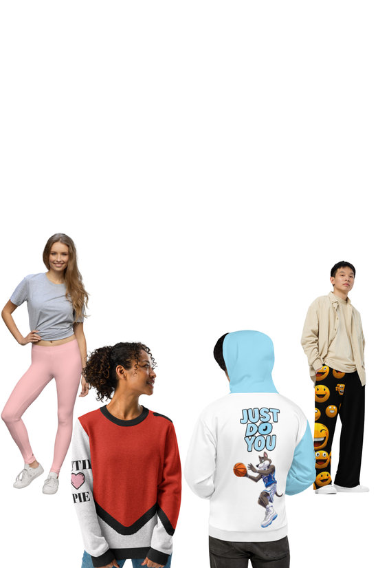 Four diverse young adults standing against a white background, casually dressed and smiling, with space for text at the top.