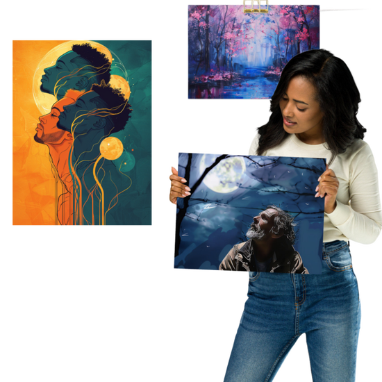 A woman holding a photo of a man with a beard and long hair, sitting under a tree with a full moon in the background. In the background, there are two art pieces: one abstract with faces and colorful lines, and another nature scene with pink trees and a pond.