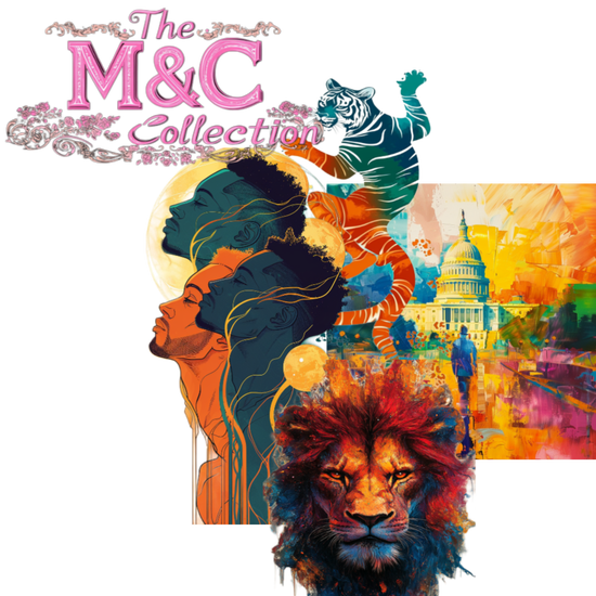 Colorful collage featuring artistic representations of diverse faces, a tiger, a lion, and a cityscape with the U.S. Capitol building, with the text "The M&C Collection" in pink and purple.