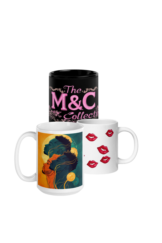 Three ceramic mugs with different designs stacked behind each other. The front mug has an illustration of two women with long, flowing hair and a celestial background. The middle mug has multiple red lipstick kiss marks. The back mug is black with pink text reading 'The M&C Collection'.