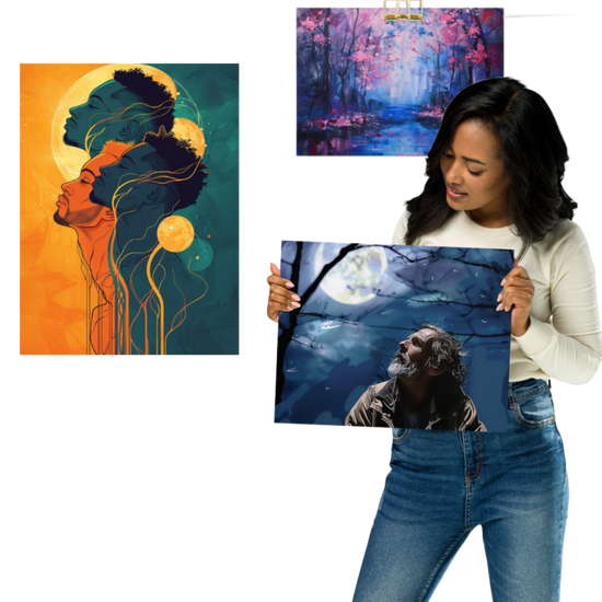 A woman holding a painting of a man with a beard, in a moonlit forest scene. Behind her, there are two other paintings: one of a colorful, abstract portrait of multiple faces and another of a serene, pink and purple forest landscape.