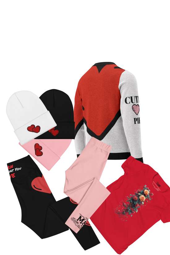 A collection of Valentine's Day themed clothing and accessories, including beanies, socks, a sweater, and a T-shirt, with heart and love motifs.