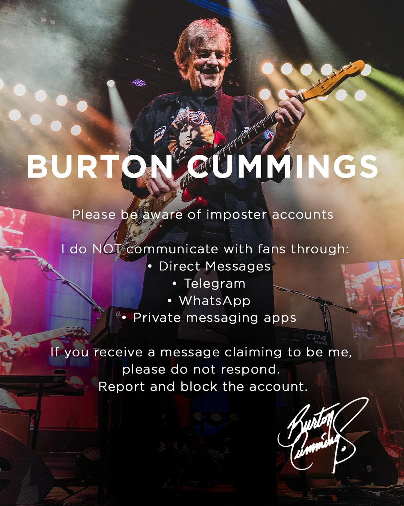 A quick reminder for everyone:

I do not contact fans through any form of private messaging.

If you receive a message claiming to be from me, do not respond or share any personal information. Please report and block the account.

If you believe you 
