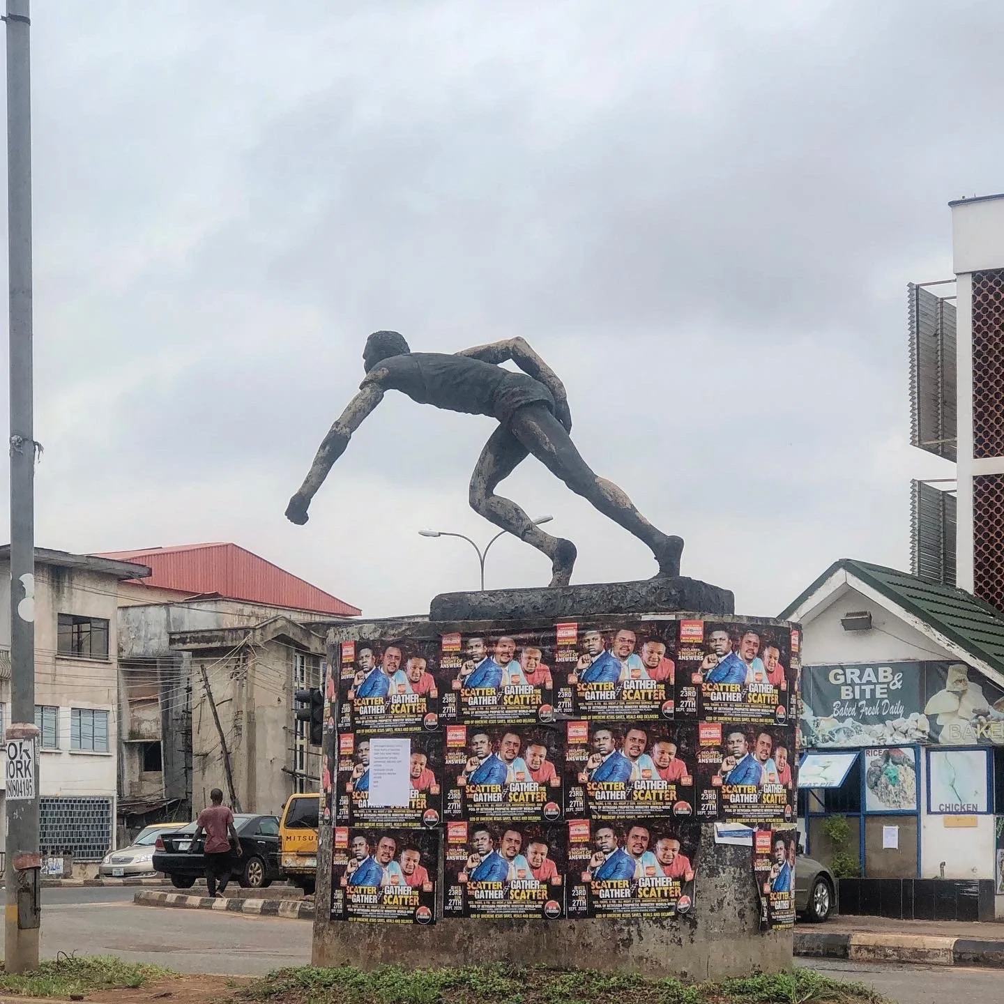 a now-replaced statue around stadium