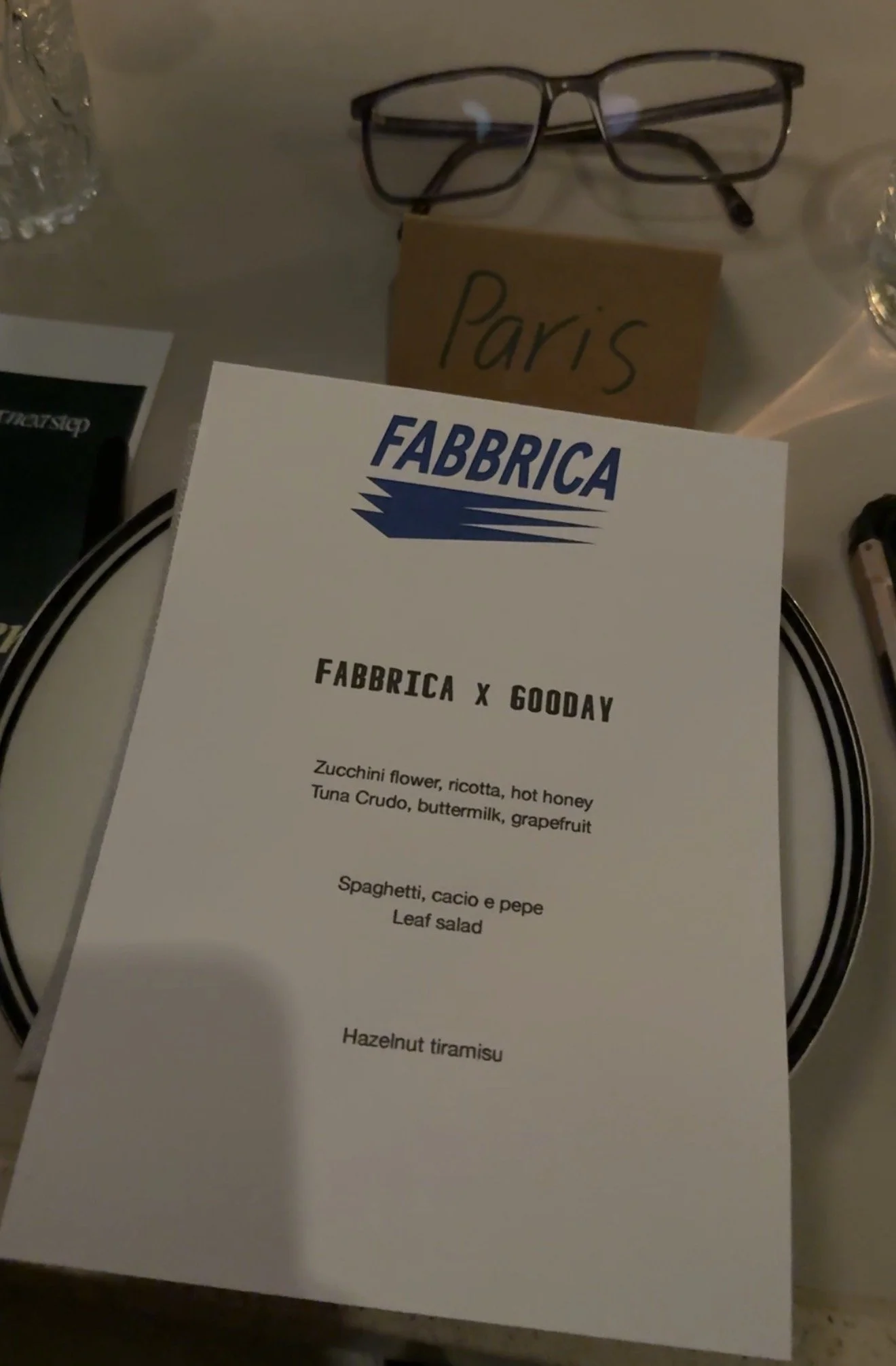 Menu at Fabbrica for APEX Founder event