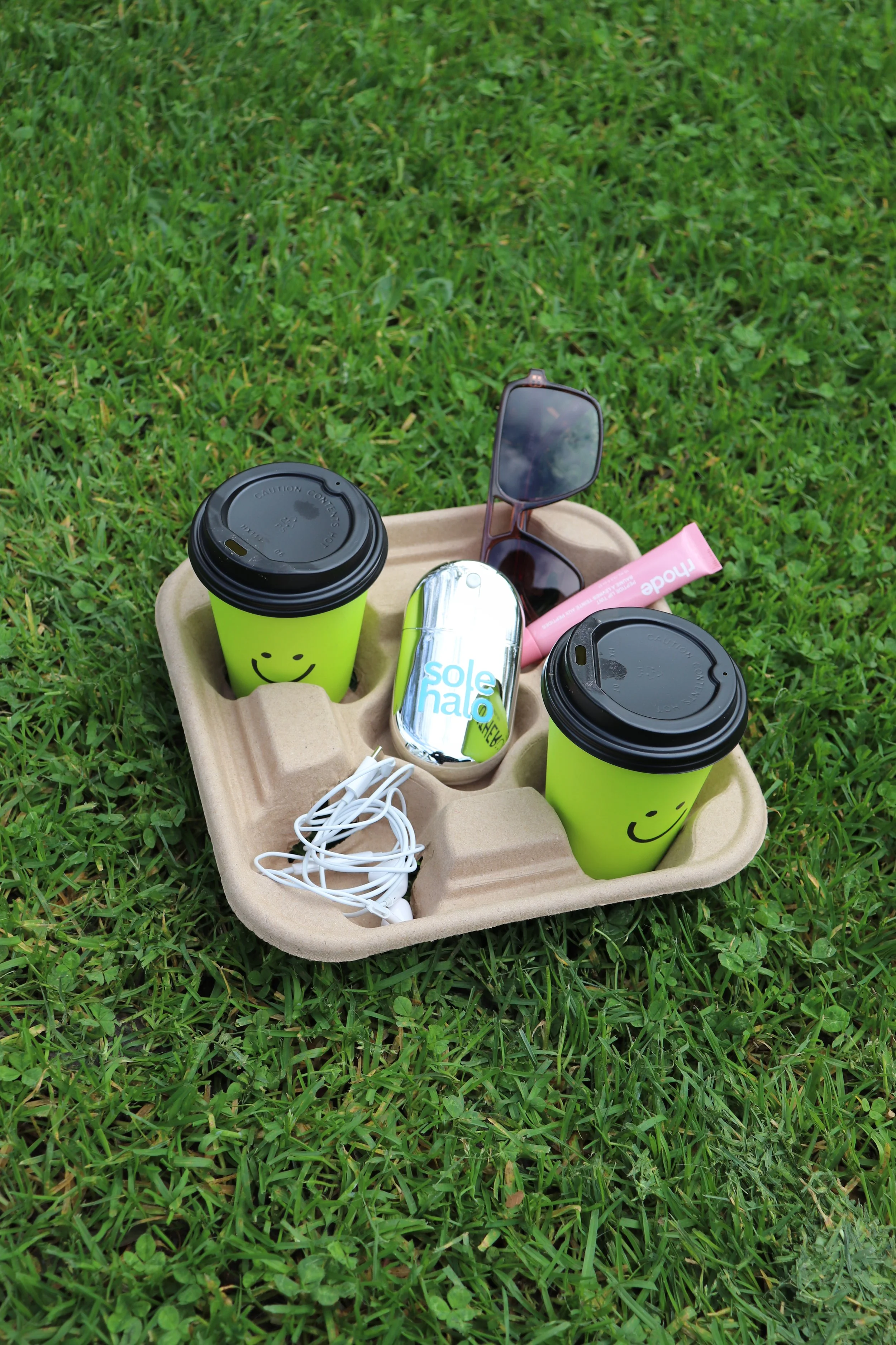 Sole halo on grass with coffees