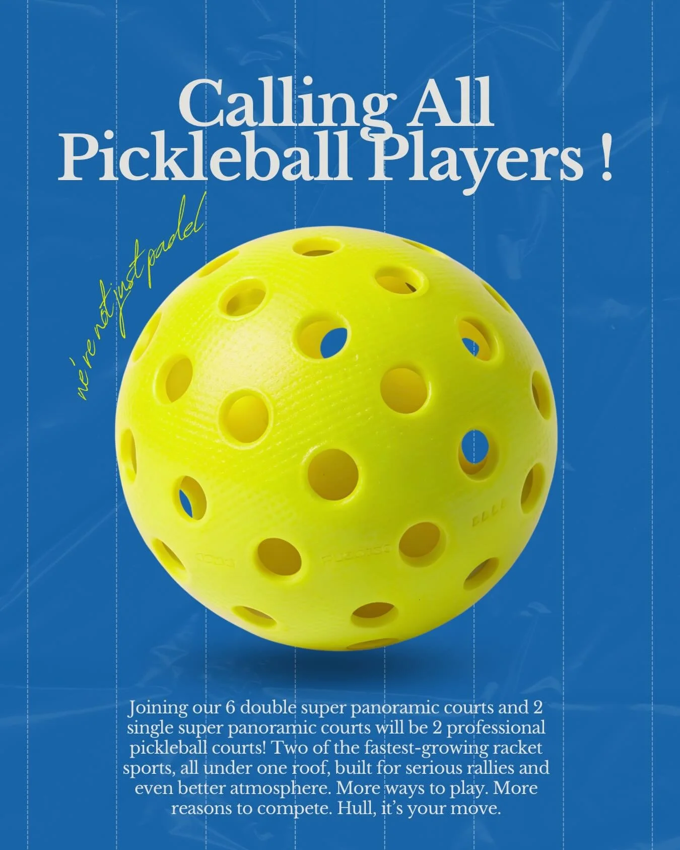 Something new is coming to Court De Padel 👀

Alongside our padel courts, we&rsquo;ll also be bringing Pickleball to the club, giving even more people the chance to get on court and experience the fastest-growing racket sports around🎉

Whether you&r