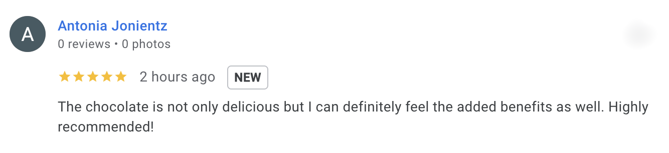 Review text from a customer named Antonia Jonientz praising a chocolate product for being delicious and beneficial, with a 5-star rating.