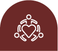 Line art icon of a person meditating surrounded by a heart and four dots.