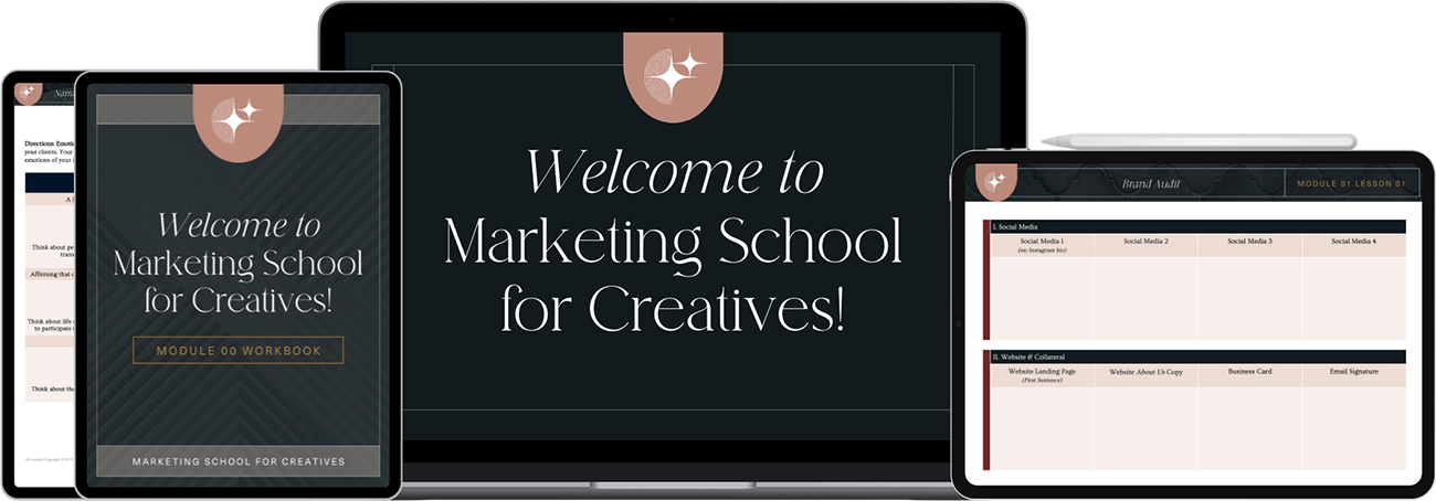 Multiple screens displaying a digital marketing school for creatives, with a welcome message and course modules visible on tablets and a laptop.