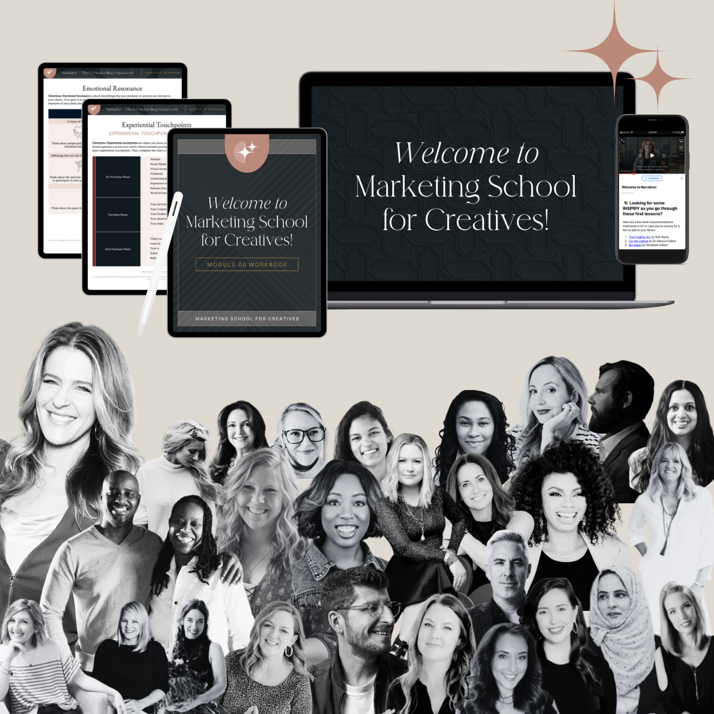 Collage of digital devices showing marketing school content, and a diverse group of smiling people.