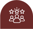 Icon of three people with three stars above them on a maroon background
