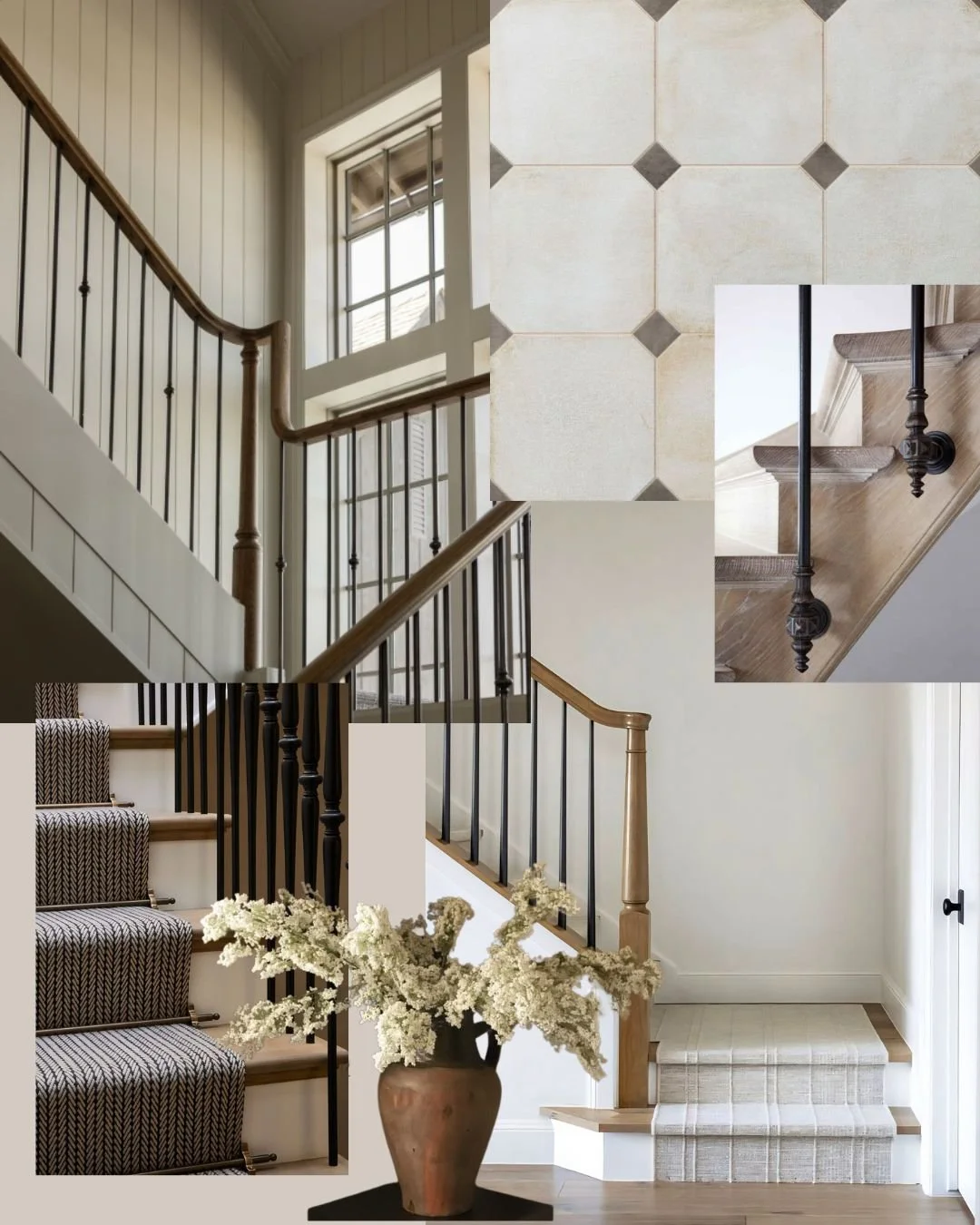 Lately, we have been gathering inspiration for a few coming soon projects and taking a closer look at the details that make up a modern traditional staircase.

Wrought iron balusters, hardwood treads, tailored stair runners, tile floor patterns, and 