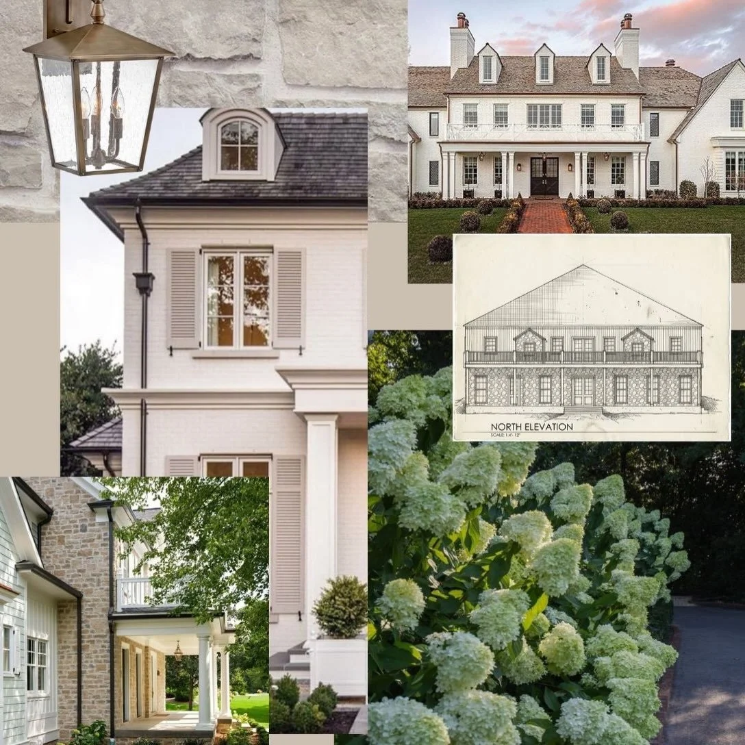 The inspiration board behind one of our modern traditional home new build projects.

We have been studying the exterior details that give a home its sense of permanence: brick and stone selections, shutter details, softened landscaping, and the way e