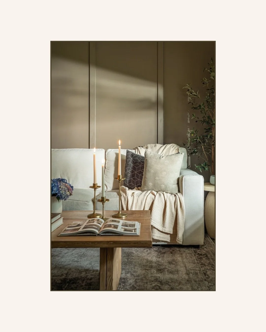 There is something about a finished room in the fall that makes the layers feel even more meaningful.

Soft seating, warm lighting, textured pillows, and those quieter details all work together to create a room that feels ready for slow mornings, gat
