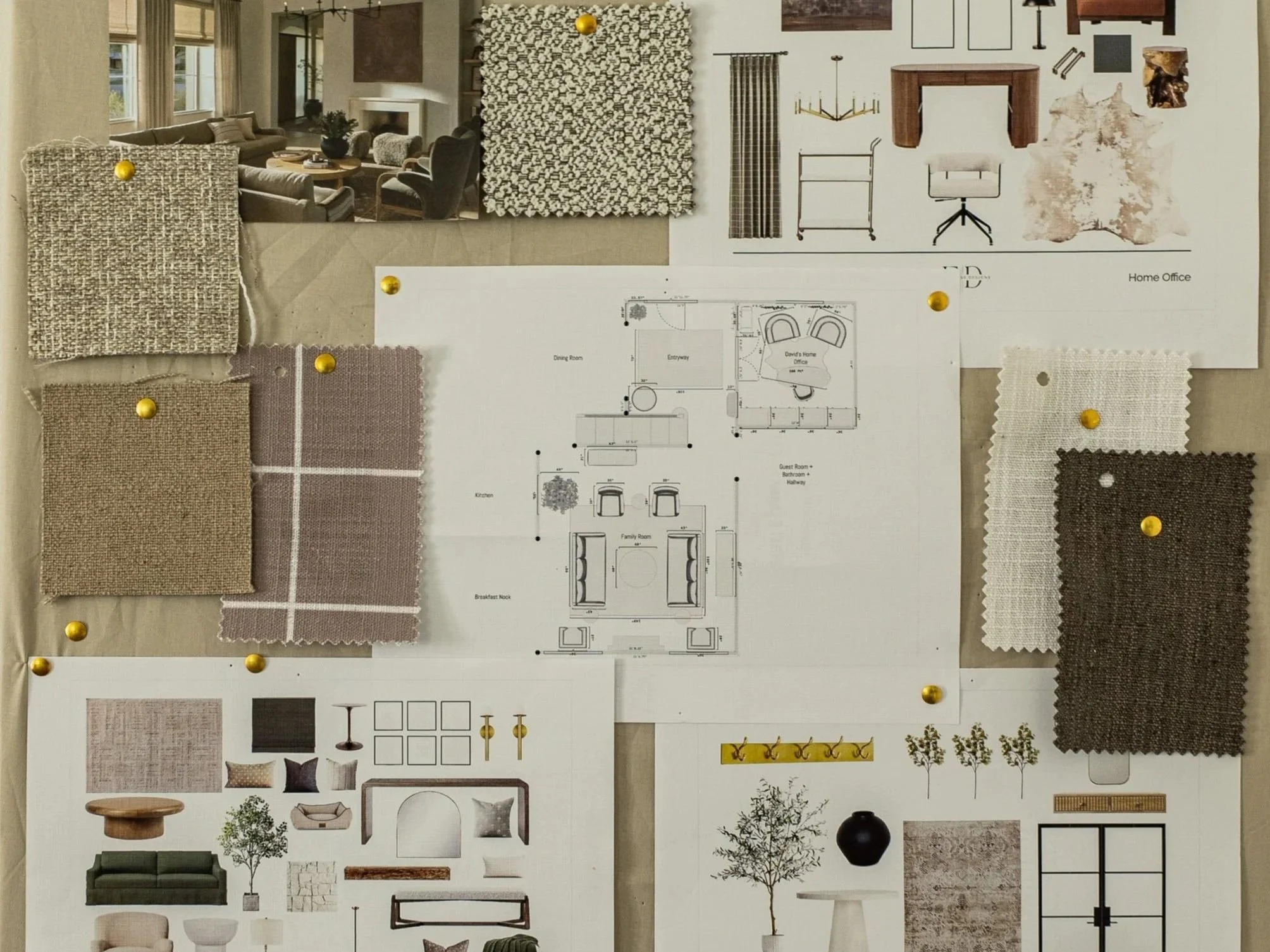 Design board for project at interior design studio, Effortless Designs, with durable fabrics and layouts