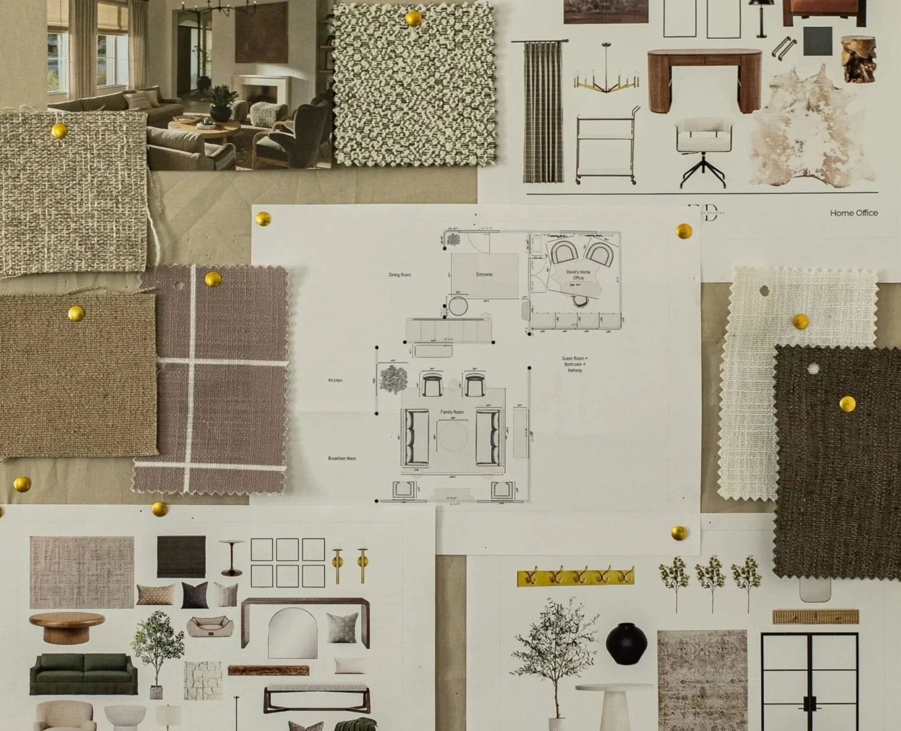 pin board with plans and material samples for home furnishings project