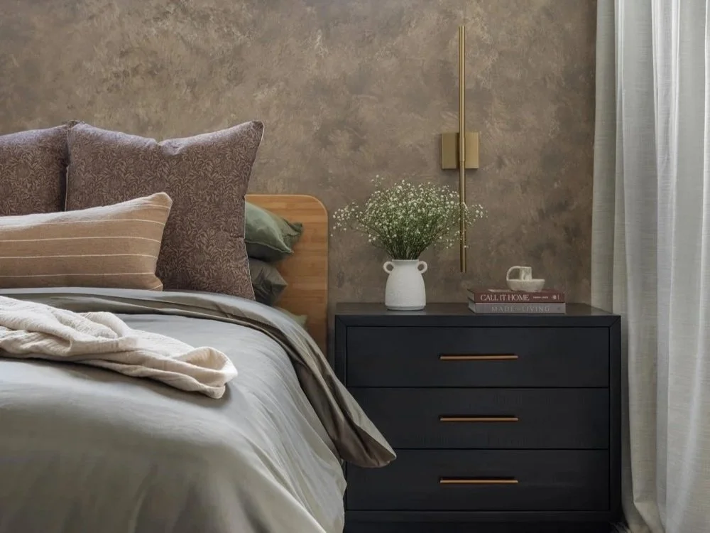 Earthy Master Bedroom with limewash wall and modern traditional touches