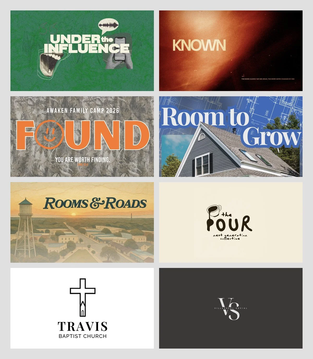 Sermon series graphics and church logo design examples: Under the Influence, Known, Found, Room to Grow, Rooms and Roads