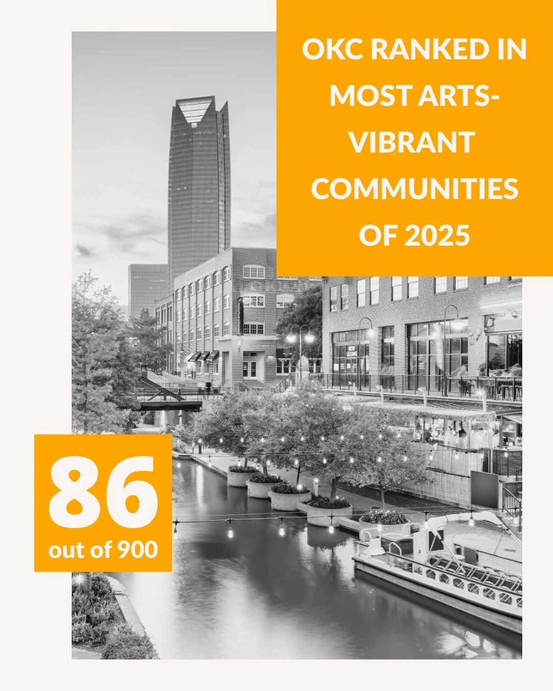 Oklahoma City is one of the most arts-vibrant communities in the nation! 🎨✨

We are excited to share that OKC has ranked #86 in @SMUDataArts&rsquo; "Top 100 Most Arts-Vibrant Communities of 2025." This is a reflection of the incredible art