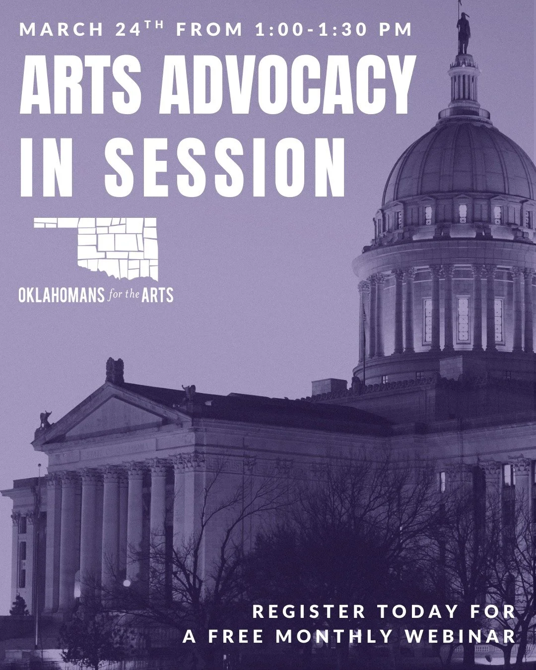 30 Minutes. One Goal - A Stronger Oklahoma Arts Community 🎨📢 

The legislative session is in full swing! Join Oklahomans for the Arts on March 24th at 1:00 PM for a FREE webinar update on the laws affecting: 
✅ Arts Education 
✅ Non-profit taxes 
✅