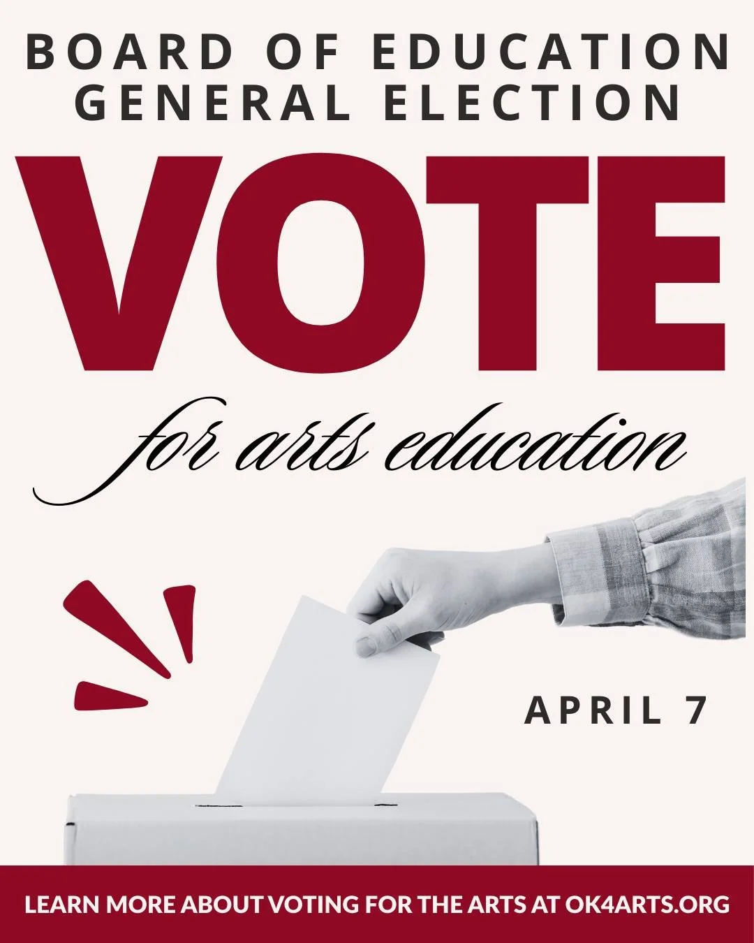 Your vote on the local level is one of the most powerful tools you have to protect Oklahoma student's access to the arts! 🎨📩 

It&rsquo;s our School Board members who set the curriculum priorities and funding choices that shape music, visual arts, 