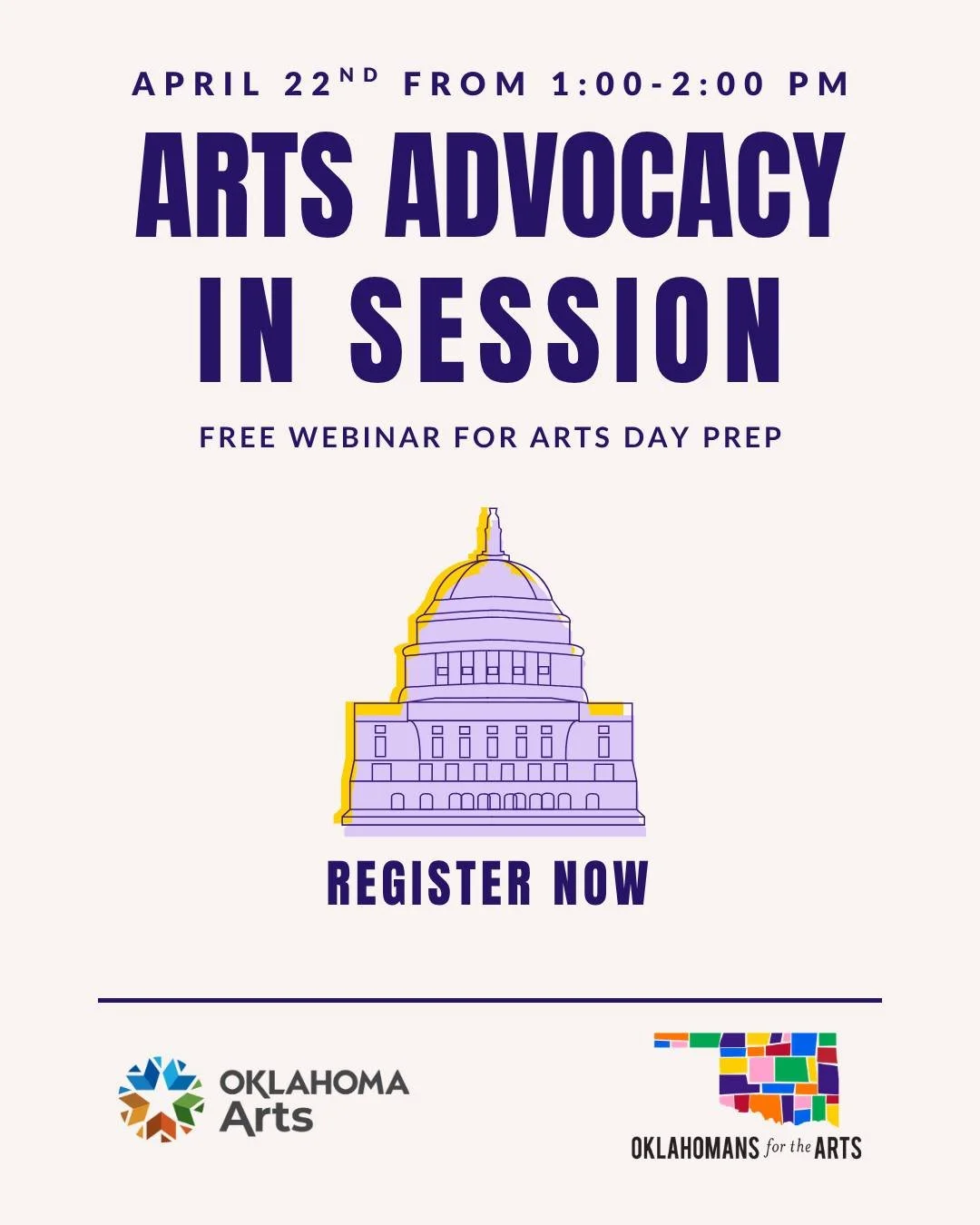 Turn our tools into real impact at the Capitol. 🏛️🎨

Show up prepared on Arts Day. Our April webinar is designed to help you make a difference at Arts Day. Plus, hear from Amber Sharples, Oklahoma Arts Council Executive Director, on how state fundi
