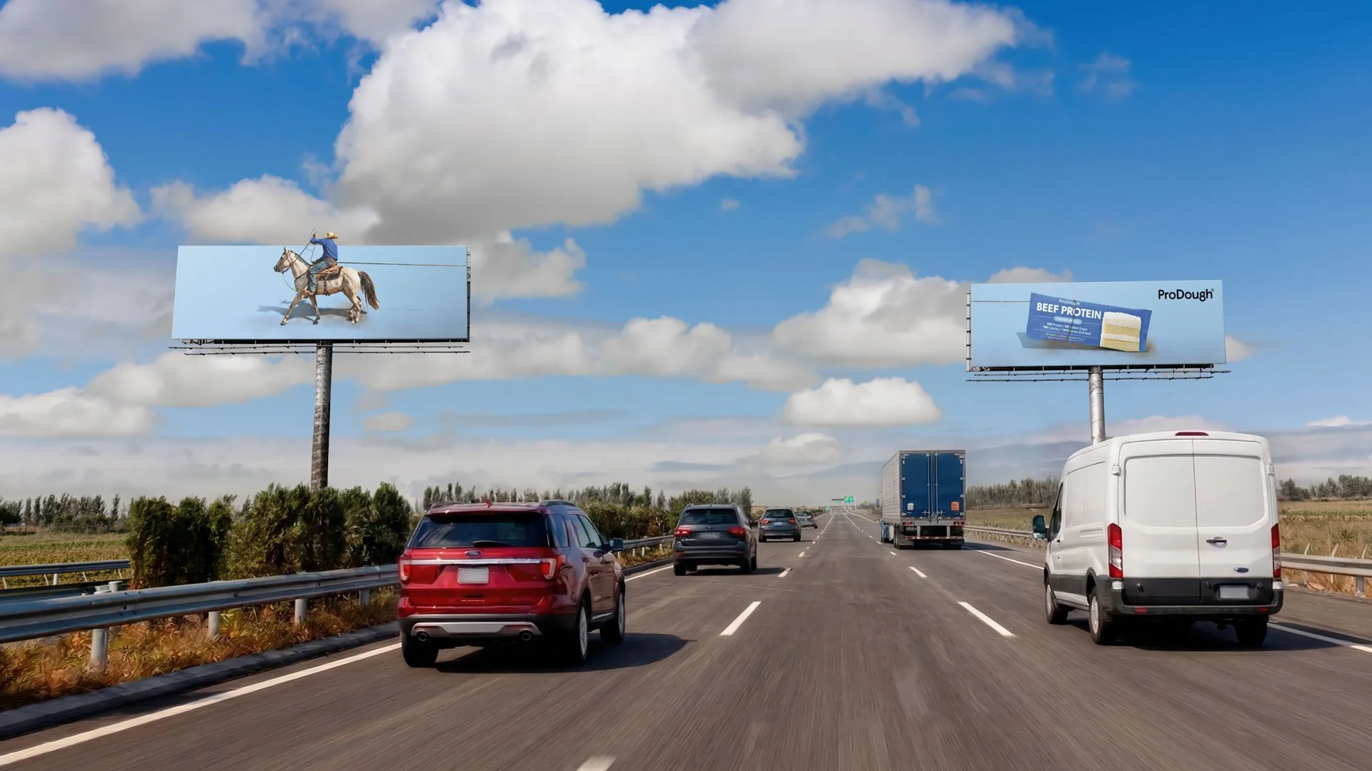 Cross-street billboard concept with a cowboy on horseback on one board and a ProDough Beef Protein packet roped in on the other.