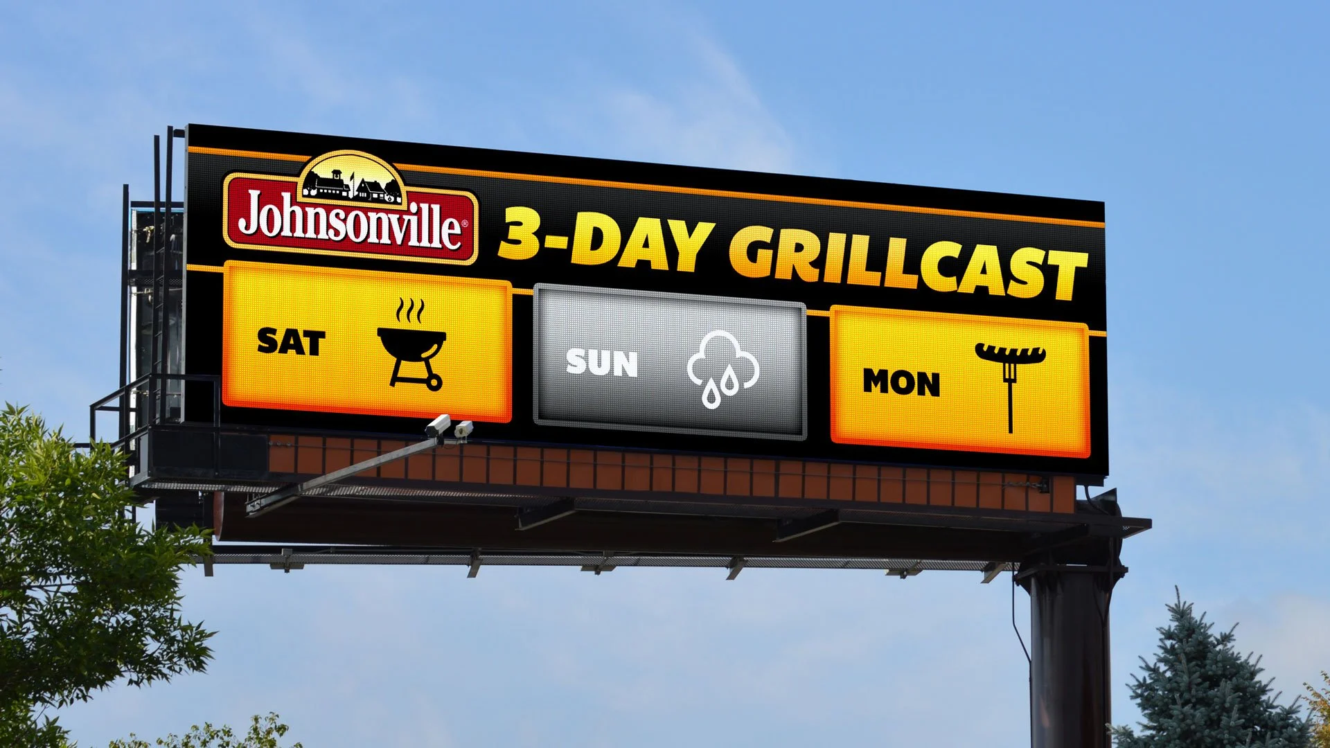 A digital billboard for Johnsonville. It displays weather forecast for the next three days. On nice days, it displays grilling-related icons. On days with bad weather, it shows an icon for rain, cold, or cloudy depending on the actual forecast.