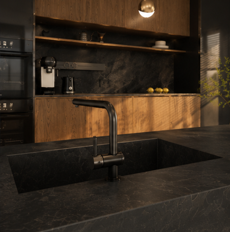 SK Studio Design - Custom Modern kitchen with black stone countertops, wooden cabinetry, and a black faucet over a sink.