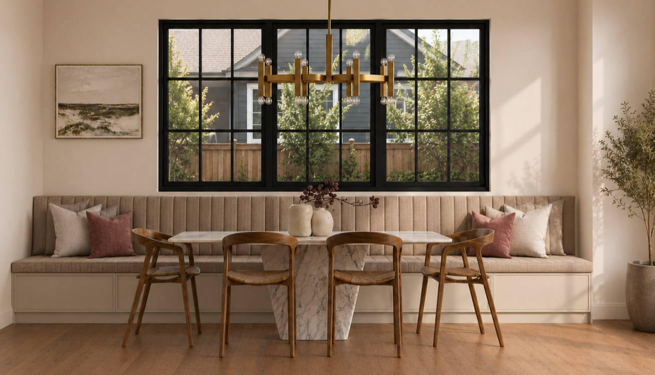 SK Studio Design - Custom dining banquette with a beige upholstered bench, a white marble table, four wooden chairs, and a large black-framed window. There are decorative pillows on the bench and a chandelier hanging above.