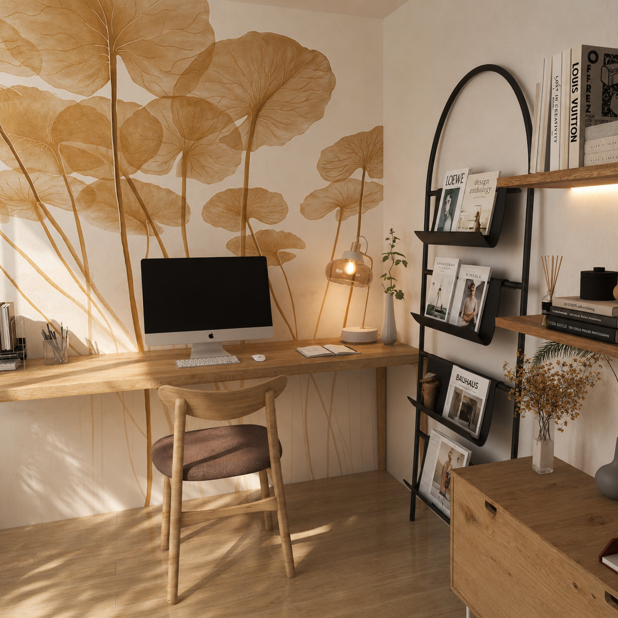 SK Studio Design - Custom home office with a wooden desk, an iMac computer, a wooden chair, a beige wall with a large botanical wallpaper, a black metal bookshelf with books and magazines, a table lamp, and a vase with dried flowers.
